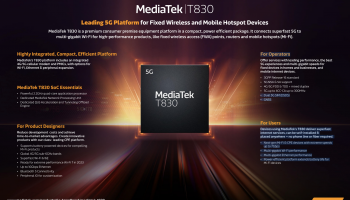MediaTek เปิดตัวแพลตฟอร์ม T830 สำหรับอุปกรณ์ CPE 5G ซึ่งมีเราเตอร์แบบ Fixed Wireless Access และโมบายฮอตสปอต