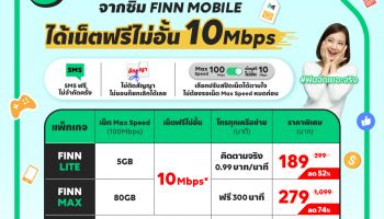 FINN MOBILE เขย่าแพ็กเกจใหม่ ได้เพิ่ม “เน็ตฟรีไม่อั้น ไม่ลดสปีด” ความเร็ว 10 Mbps