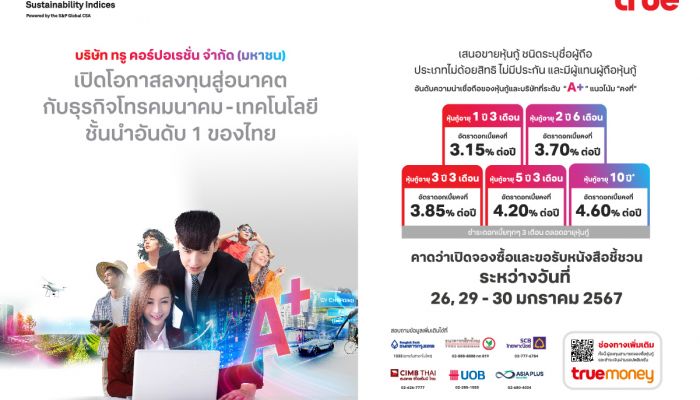 เคาะแล้ว! อัตราดอกเบี้ยหุ้นกู้เรทติ้ง A+ 'ทรู คอร์ปอเรชั่น' 5 ชุดใหม่ 3.15 – 4.60% อายุหุ้นกู้ 1 ปี 3 เดือน ถึง 10 ปี คาดเสนอขาย 26 - 30 ม.ค. 67 นี้