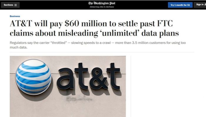 โกงเน็ตโดนปรับ AT&T แพ้คดีจ่าย 60 ล้านดอลลาร์ เหตุ "4G Unlimited เน็ตไม่อั้น" แต่แอบลดความเร็วผู้ใช้งาน