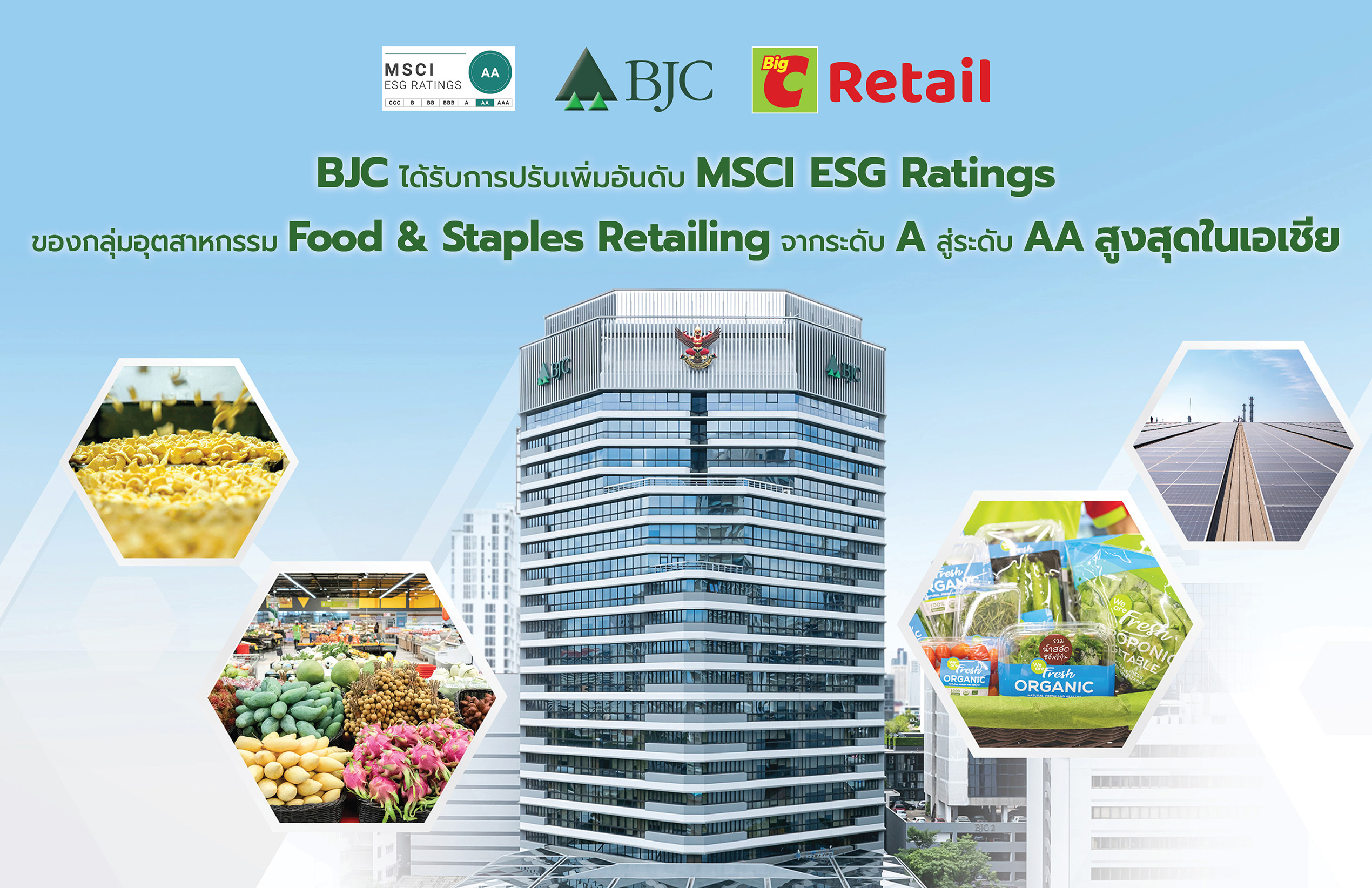 BJC ได้ปรับอันดับเพิ่ม MSCI ESG Ratings ของกลุ่มอุตสาหกรรม Food & Staples Retailing จากระดับ A สู่ระดับ AA สูงสุดในเอเชีย