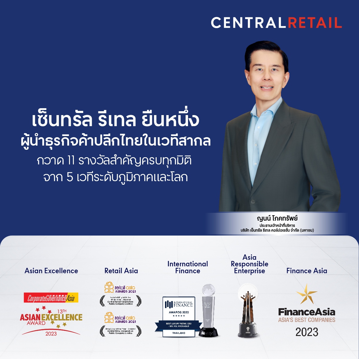 เซ็นทรัล รีเทล ยืนหนึ่งผู้นำธุรกิจค้าปลีกไทยในเวทีสากล กวาด 11 รางวัลสำคัญครบทุกมิติ จาก 5 เวทีระดับภูมิภาคและโลก